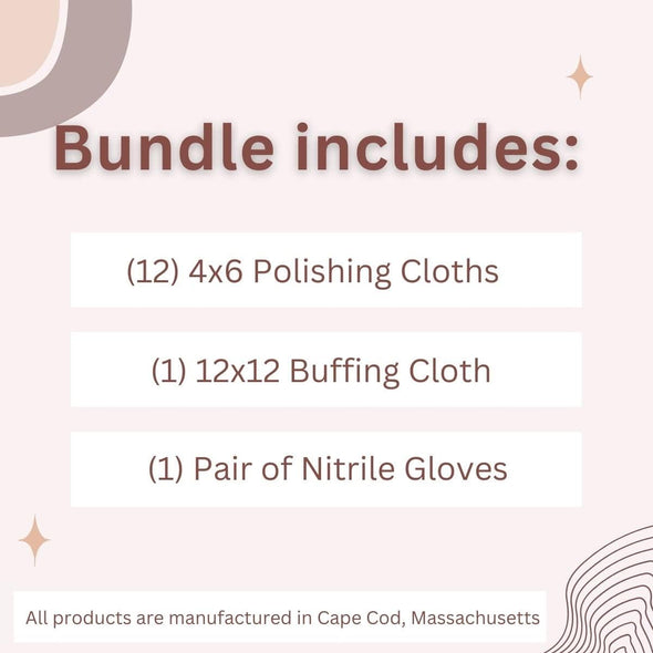 Cape Cod Economy Tin Metal Polish-8828, (6) 4 x 6, (1) 12 x 12 polishing cloth pair of nitrile gloves