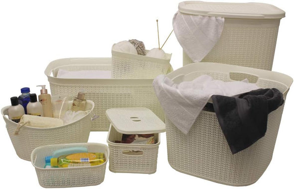JVL Knit Design Loop Plastic Rectangular Small Storage Basket with Handles, Ivory, 3 Litres