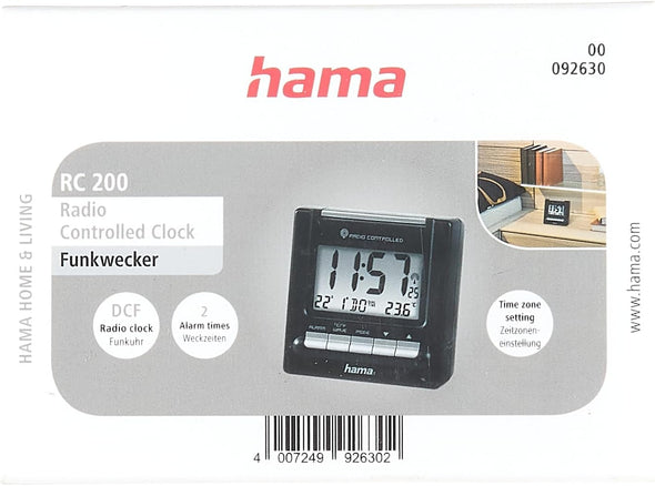 Hama RC200&nbsp;Travel Radio Alarm Clock, Thermometer, Backlight, 2&nbsp;Alarm Times, Automatic Time Adjustment&nbsp;&ndash;&nbsp;Black