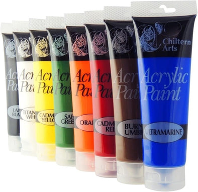 Chiltern Arts 8 Tubes Of Assorted Colour Acrylic Paint - 120ml Tubes