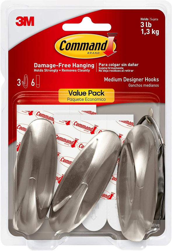 Command Designer Hooks, Medium, Brushed Nickel, 3-Hooks (17081BN-3ES), Great for dorm decor