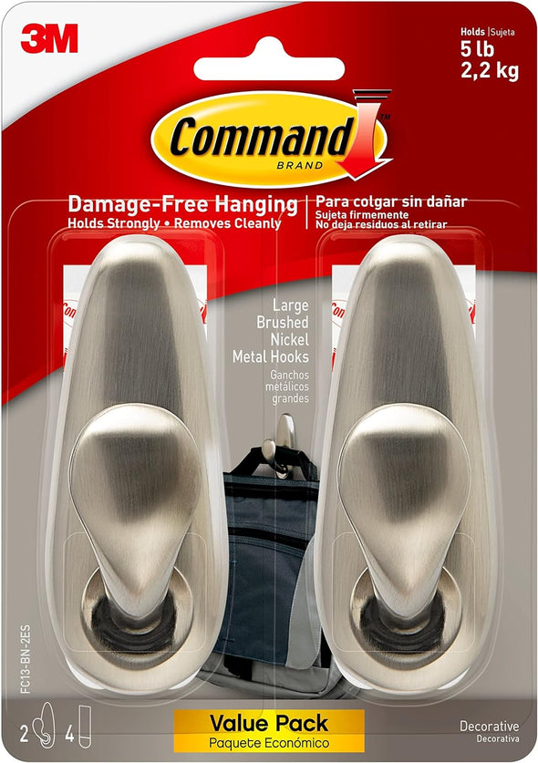 Command FC13-BN-2ES Large Forever Classic, Brushed Nickel, 2 Hooks, 4 Strips/Pack