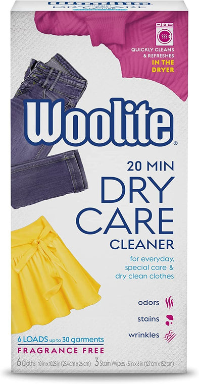 Woolite Dry Care Cleaner, At Home Dry Clean in 20 Minutes Everyday, Special Care, and Dry Clean Clothes, Fragrance Free, 6 Cloths